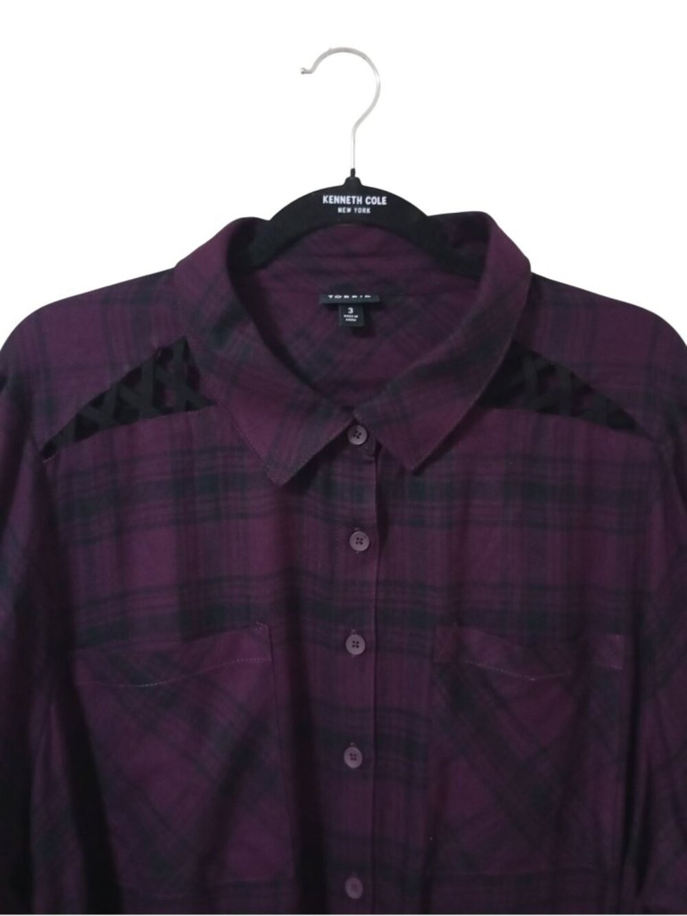 Torrid Purple Plaid Button-Up Tunic Shirt With Lace Shoulder Detail Size 3 (XL) - Picture 4 of 9